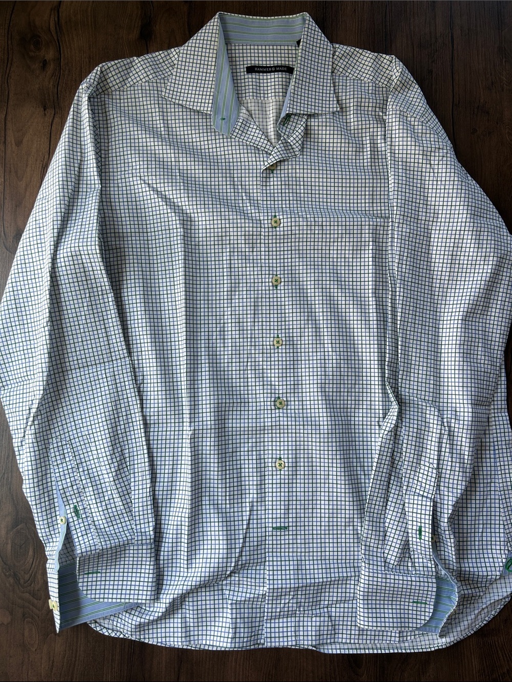 Hammer Made Men's Long-Sleeve Check Dress Shirt - White with Blue/Green Grid